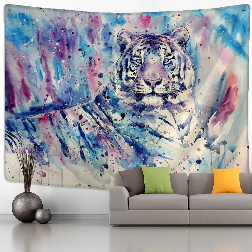 A vibrant colorful tiger oil painting tapestry with blue purple and pink splashes for bedroom wall decor
