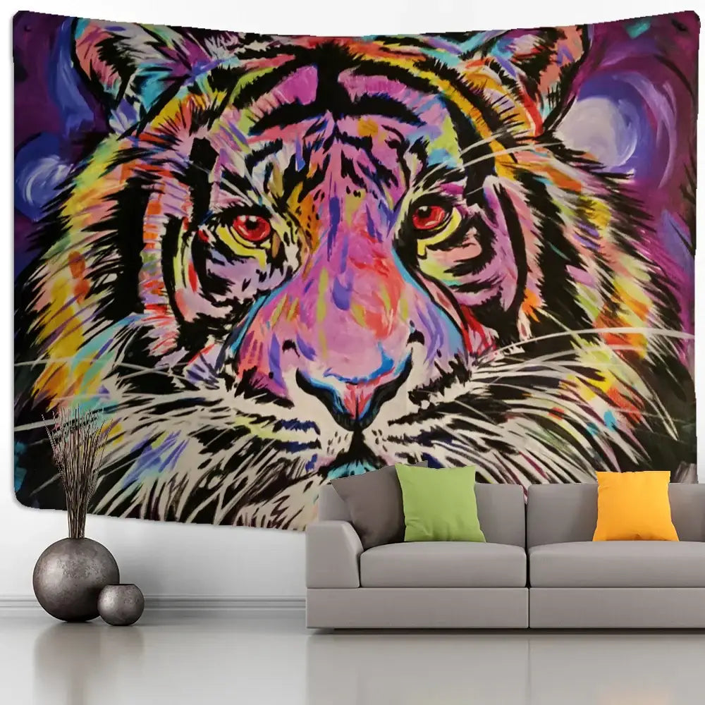 Vibrant colorful tiger oil painting tapestry with bold purple pink yellow and blue strokes for bedroom wall decor