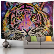 Vibrant colorful tiger oil painting tapestry with bold purple pink yellow and blue strokes for bedroom wall decor