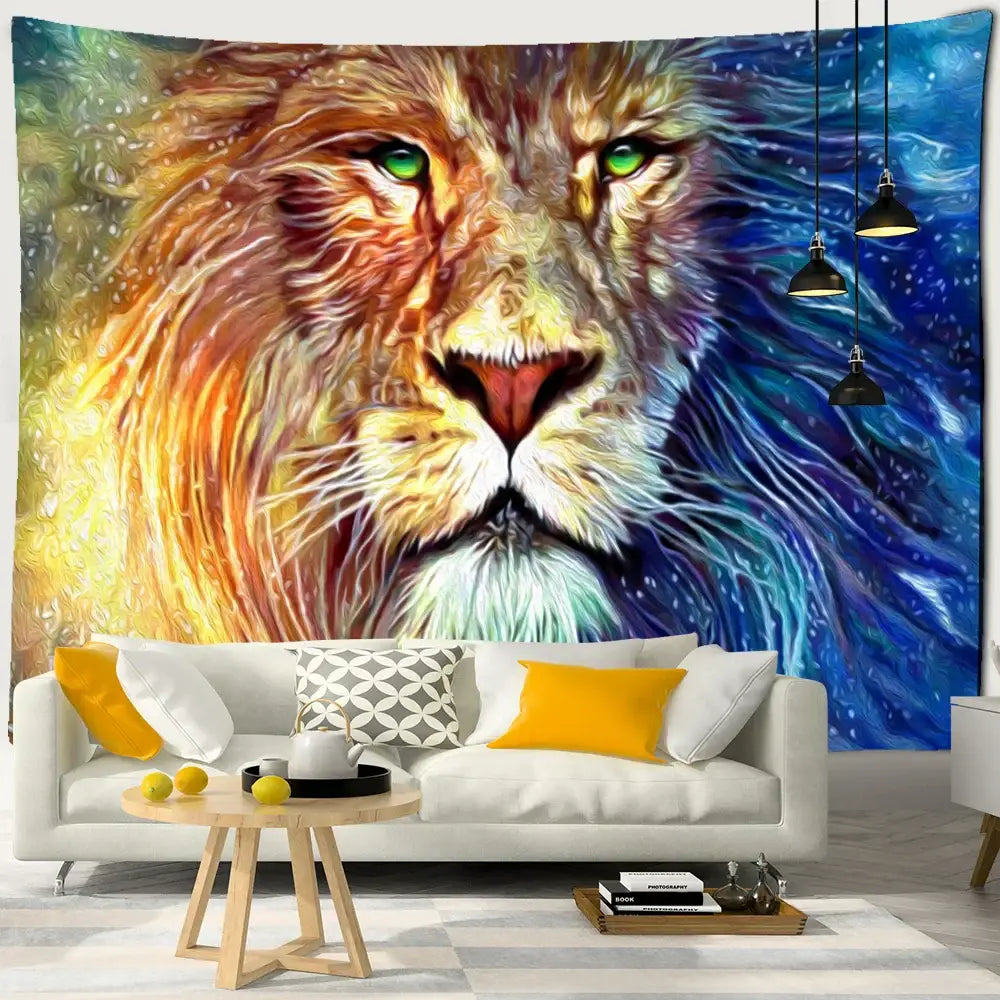 Abstract colorful tiger oil painting tapestry featuring vibrant lion face with glowing green eyes for bedroom wall decor