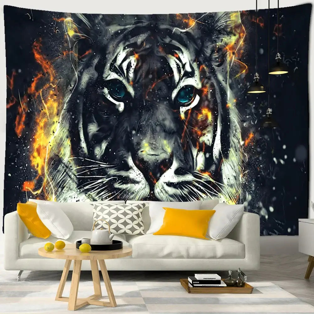 A dramatic black and white colorful tiger oil painting tapestry with fiery orange accents hanging above a sofa