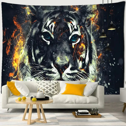 A dramatic black and white colorful tiger oil painting tapestry with fiery orange accents hanging above a sofa