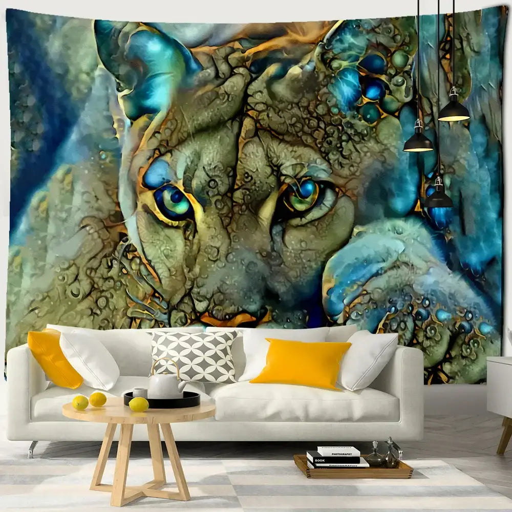 Vibrant colorful tiger oil painting tapestry with a detailed cougar face in teal green and gold for bedroom decor