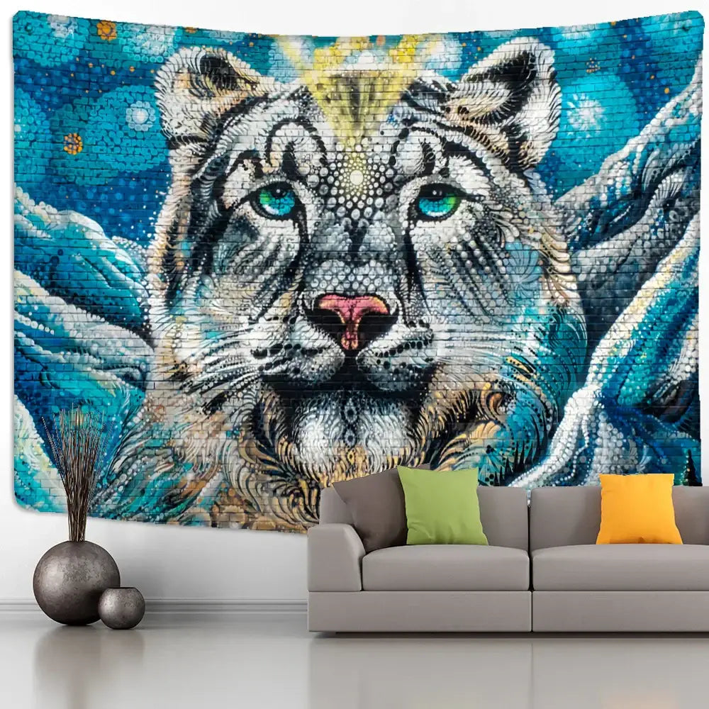 A colorful tiger oil painting tapestry featuring a detailed white tiger with blue eyes on a turquoise background