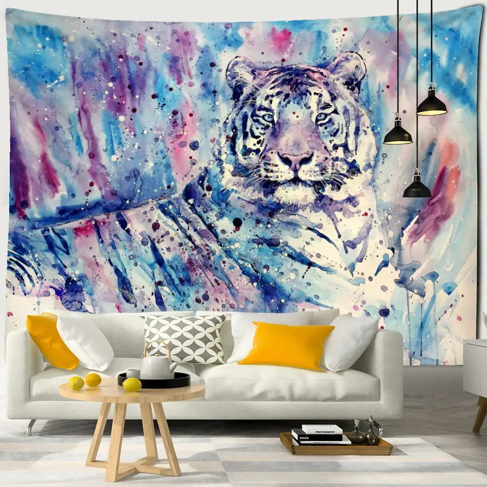 A colorful tiger oil painting tapestry in vibrant blue purple and pink hues for bold bedroom wall decor