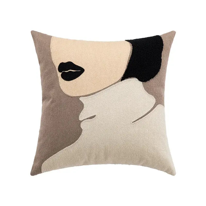 Beige and black embroidered cotton cushion cover with abstract face design for living room decorbites embroidered cotton cushion