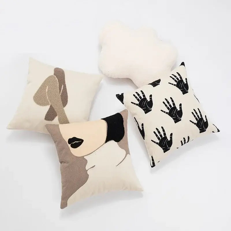 Beige cream and black embroidered cotton cushion cover with abstract face design for living room decorbites embroidered cotton cushion