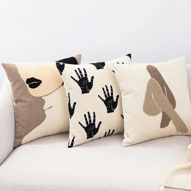 Three beige embroidered cotton cushion covers with abstract cream and black designs for living room decorbites cushion cover