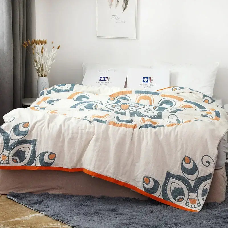 A cream cotton nordic throw blanket with bold navy blue and orange abstract pattern for bedroom decorbites cotton nordic