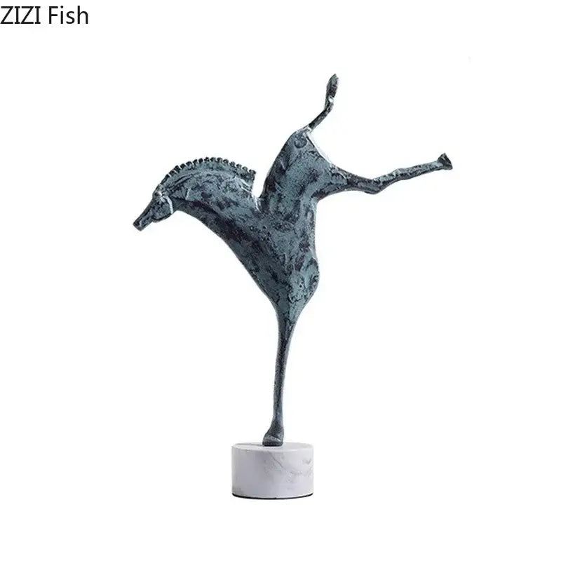 Antique bronze-colored decorbites iron horse statue in mid-leap pose on white marble base for living room decor