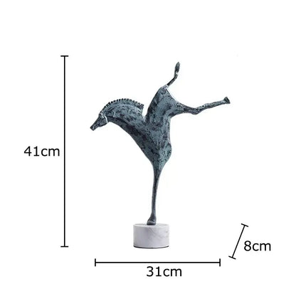 Abstract dark gray metallic iron horse statue with textured surface and raised leg on white marble base for living room decorbites iron horse