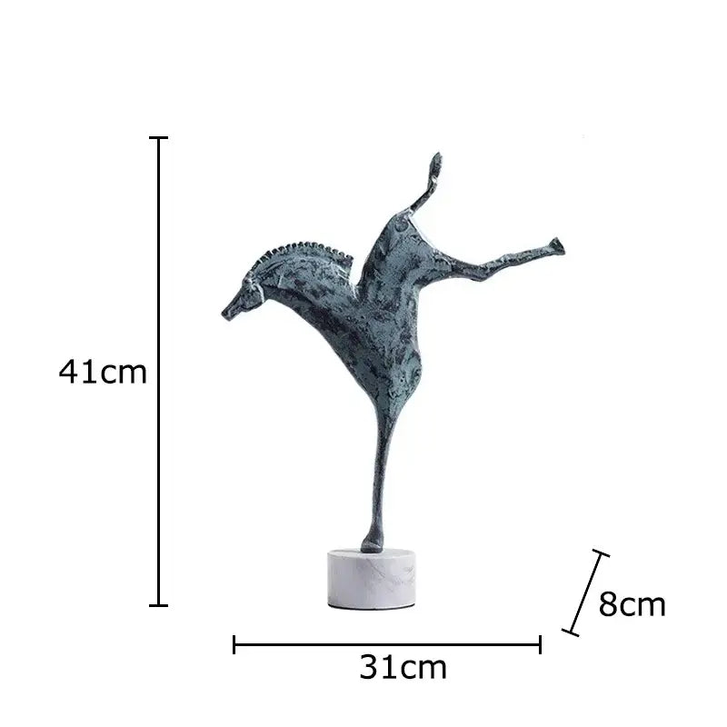 Abstract dark gray metallic iron horse statue with textured surface and raised leg on white marble base for living room decorbites iron horse
