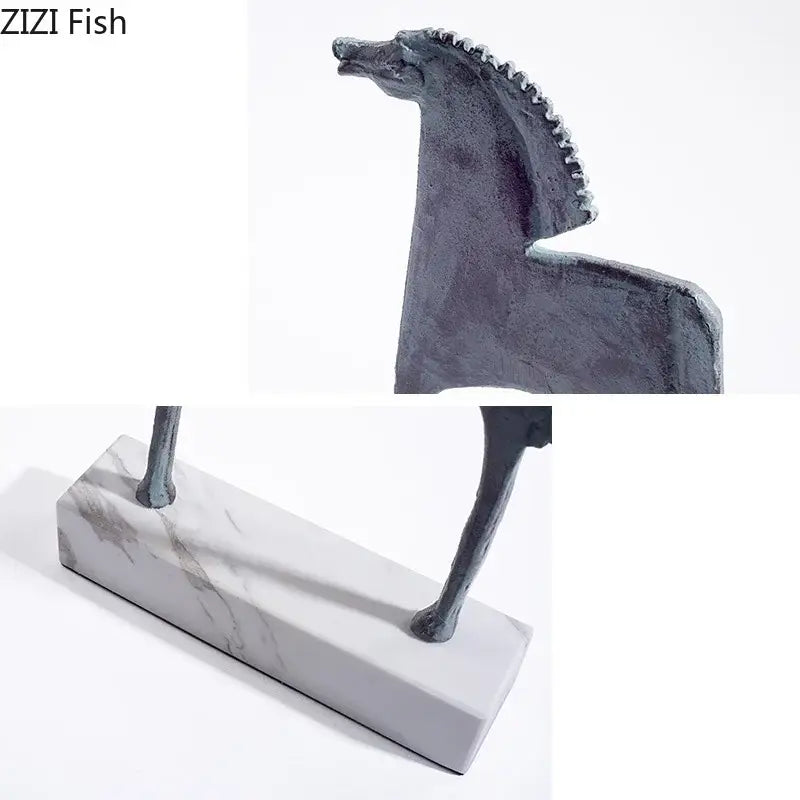 Abstract dark gray metallic iron horse statue with textured mane on white marble base for living room decorbites iron horse decor