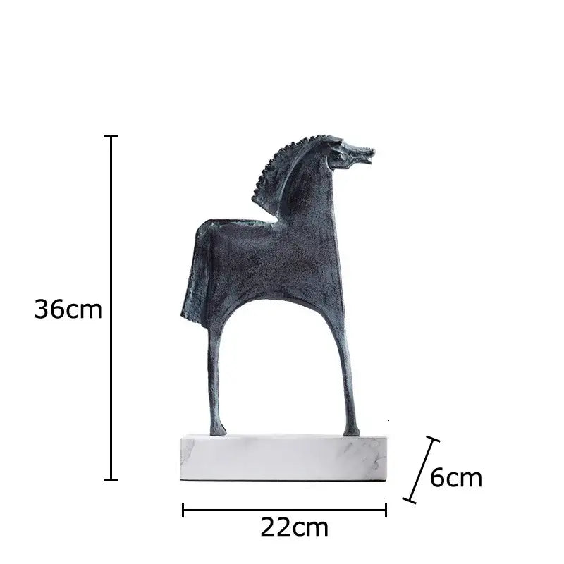 A sleek dark gray metallic decorbites iron horse statue with textured surface and stylized mane on white marble base