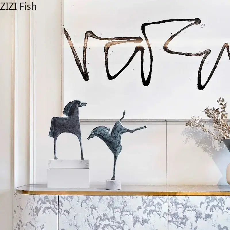 Abstract dark metallic iron horse statue living room decor featuring two matte black decorbites iron horse sculptures with green patina