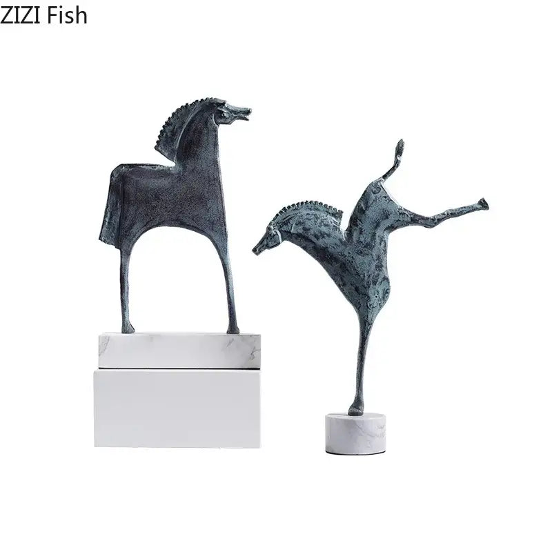 Two stylized bronze iron horse statues in standing and leaping poses on white marble bases for decorbites iron horse decor