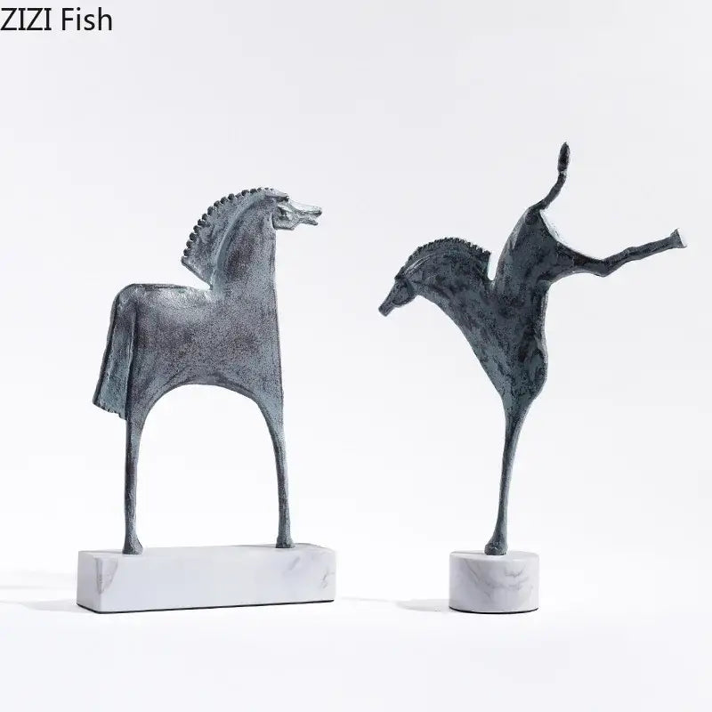 Two stylized matte dark metallic iron horse statues with subtle patina detail by decorbites for living room decor