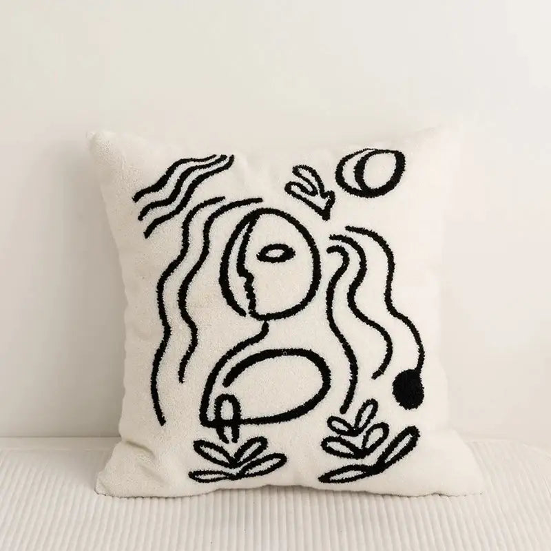 White textured throw pillow cover with bold black abstract pattern embroidery for living room decor