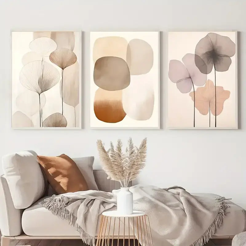Set of three decorbites™ abstract beige canvas wall art prints featuring minimalist floral shapes in soft taupe and pink tones