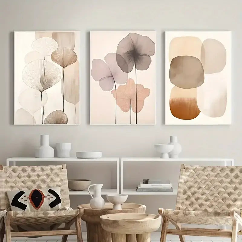 Set of three minimalist abstract beige canvas wall art featuring botanical line art in soft neutral tones by DecorBites™
