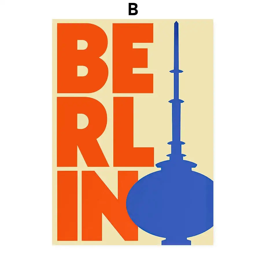 Decorbites™ abstract flowers wall art print canvas with bold orange berlin graphic and blue tv tower silhouette
