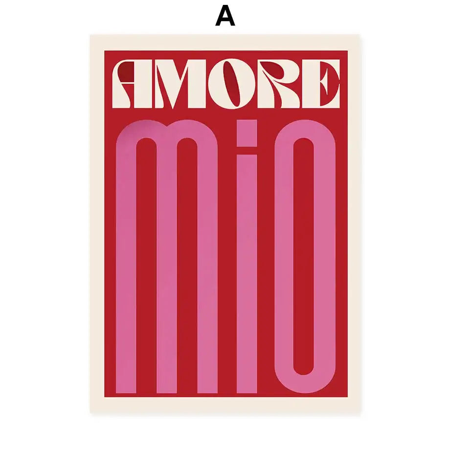A bold red and pink DecorBites™ abstract flowers wall art print canvas featuring modern amore mio typography