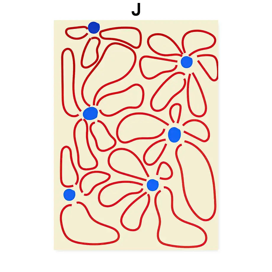 Cream-colored DecorBites™ abstract flowers wall art print canvas decor with red line flowers and solid blue centers