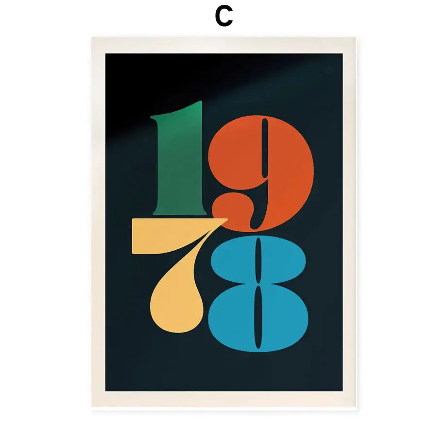 A framed DecorBites™ abstract flowers wall art print with colorful 1978 numerals on a dark background