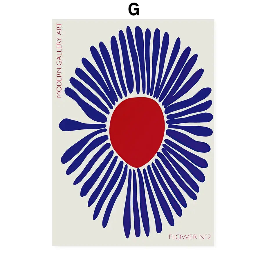 DecorBites™ abstract flowers wall art print canvas features a bold red center with navy blue petals on off-white background