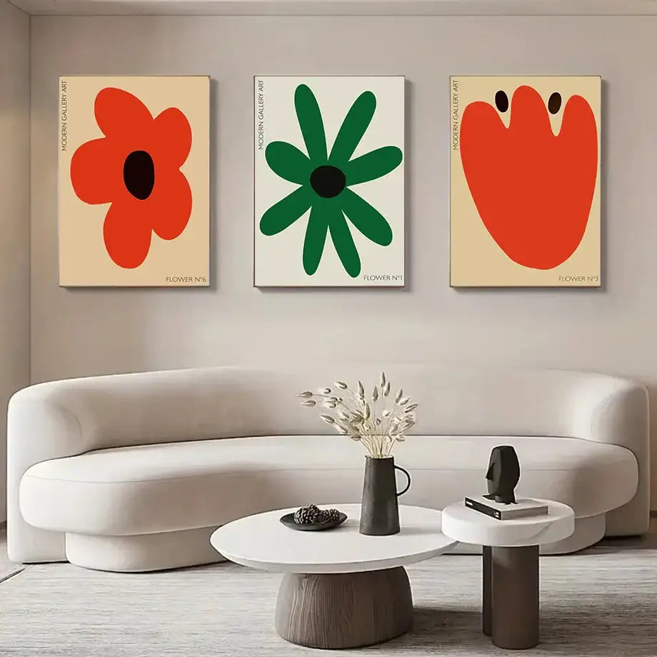 DecorBites™ abstract flowers wall art print canvas decor with bold red and green petals on neutral wall background