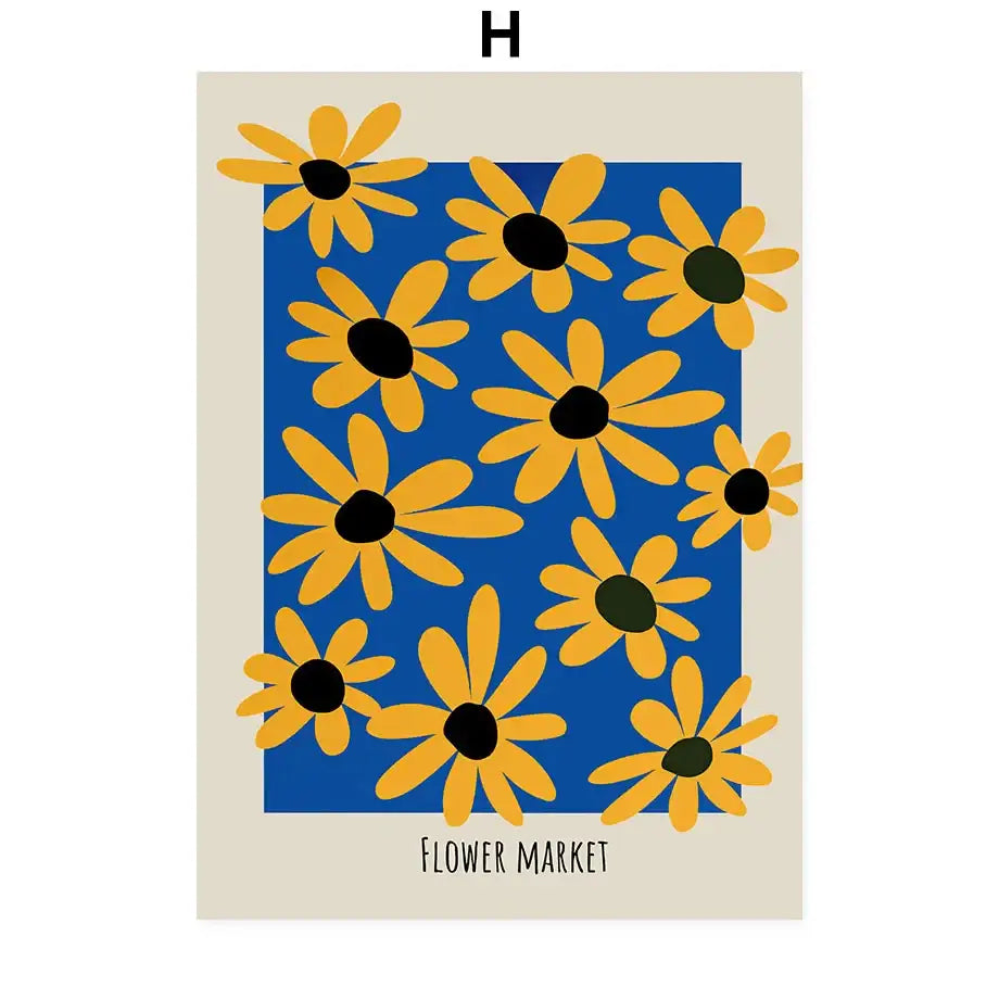 DecorBites™ abstract flowers wall art print canvas with vibrant blue background and stylized yellow daisies design