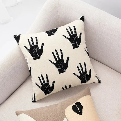 Cream-colored cushion cover with black hand print pattern decorbites abstract handmade for living room decor