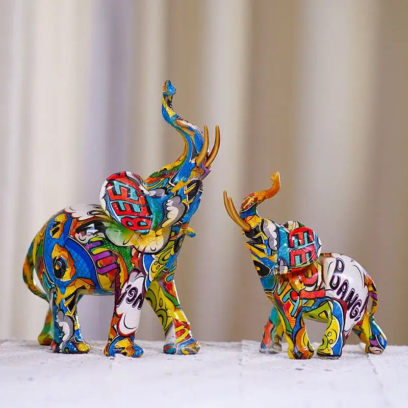 Vibrant graffiti-style abstract geometric elephant resin art statue in bold colors for living room decorbites elephant resin decor