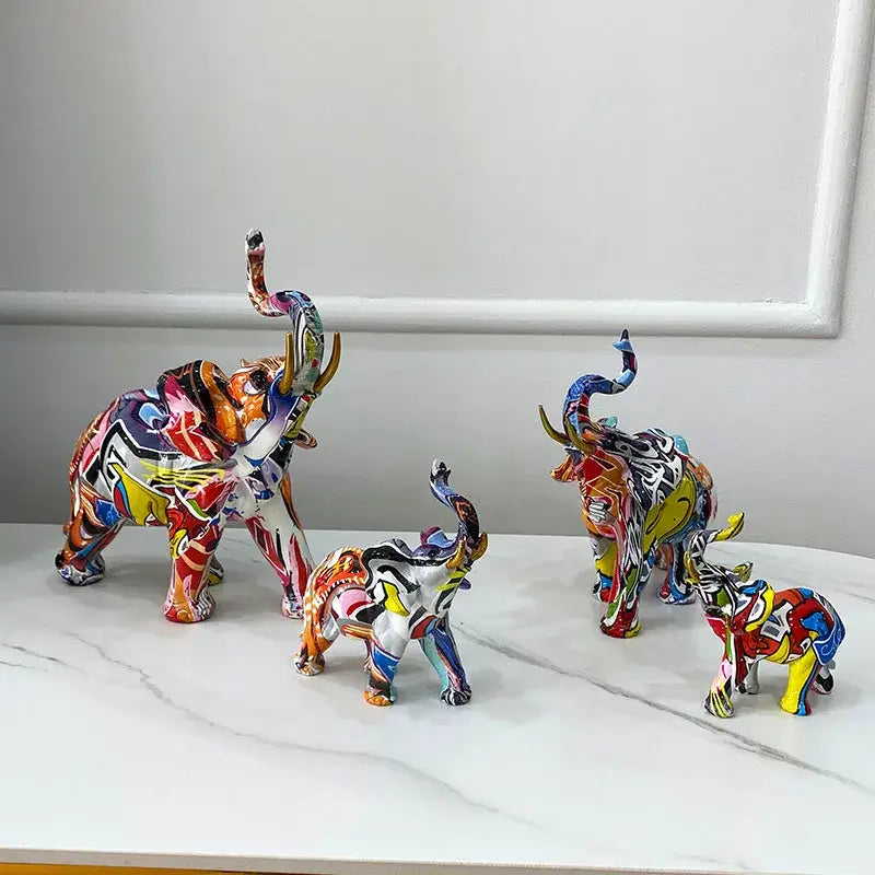 Vibrant abstract geometric elephant resin art statue with graffiti-inspired design for living room decorbites elephant resin art