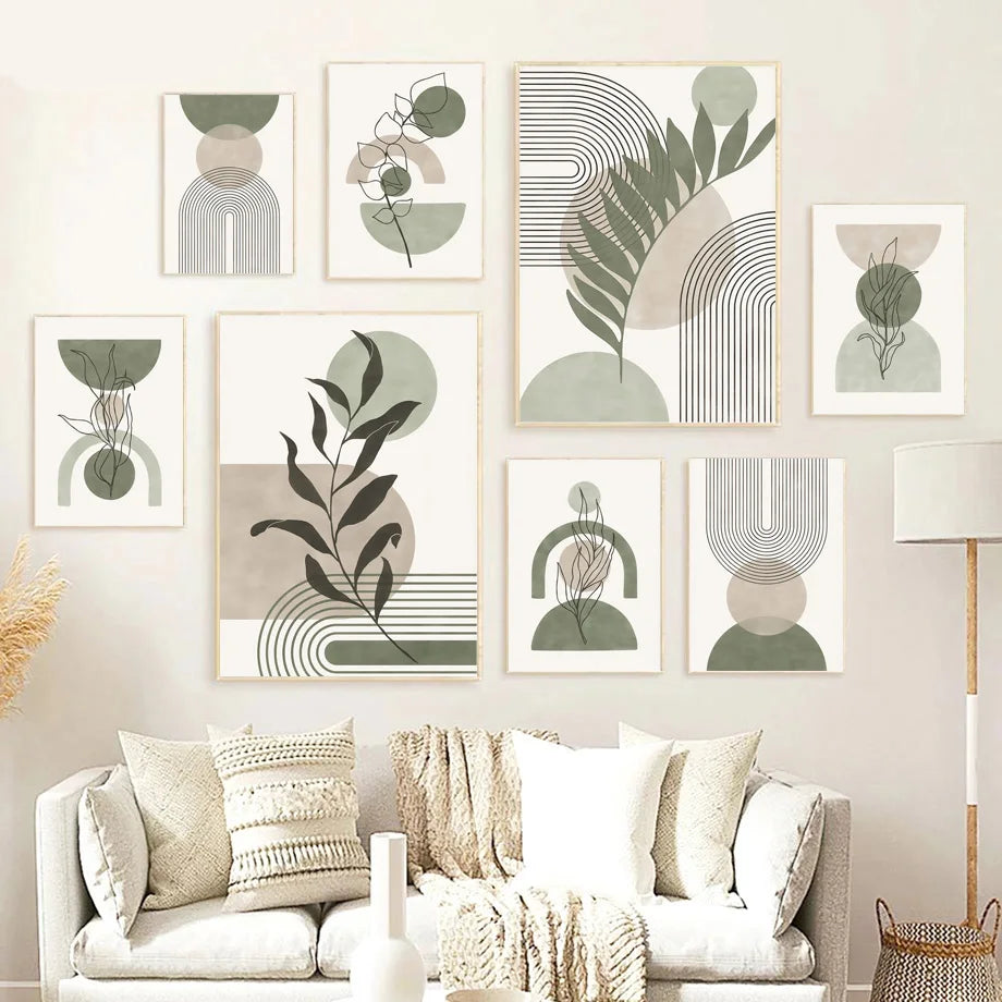 Abstract Geometric Leaves Vintage Boho Canvas Wall Art - Posters