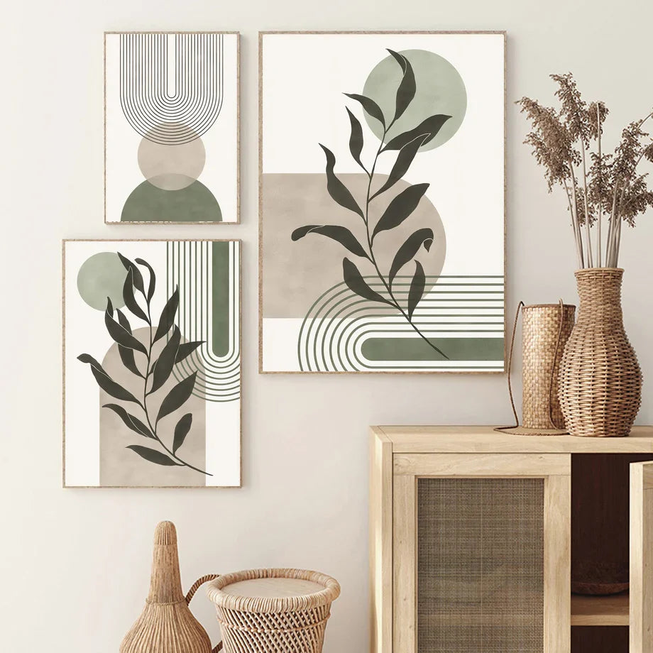Abstract Geometric Leaves Vintage Boho Canvas Wall Art - Posters