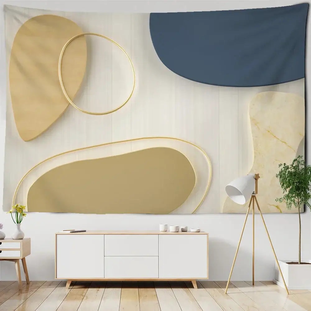 Modern abstract pattern tapestry wall hanging with layered gold and navy blue geometric shapes and marble texture decorbites 3d pattern