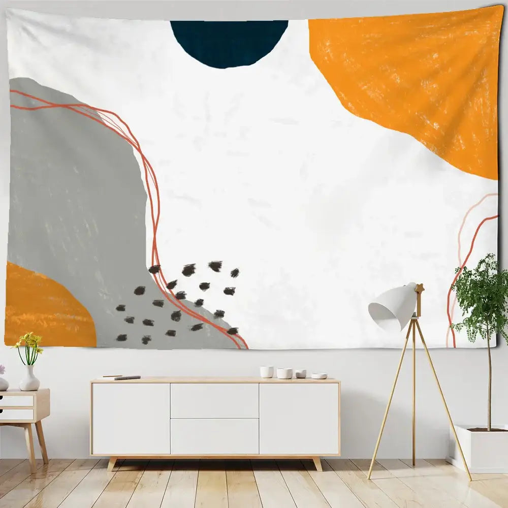 Abstract geometric orange and navy pattern tapestry wall hanging with bold shapes on textured white decorbites 3d pattern decor