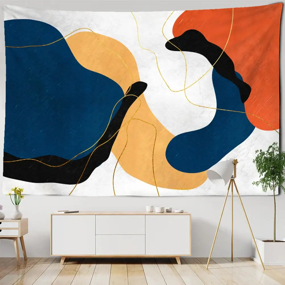 Abstract geometric orange and navy pattern tapestry wall hanging with bold blue swirling shapes and gold lines for decorbites 3d pattern decor
