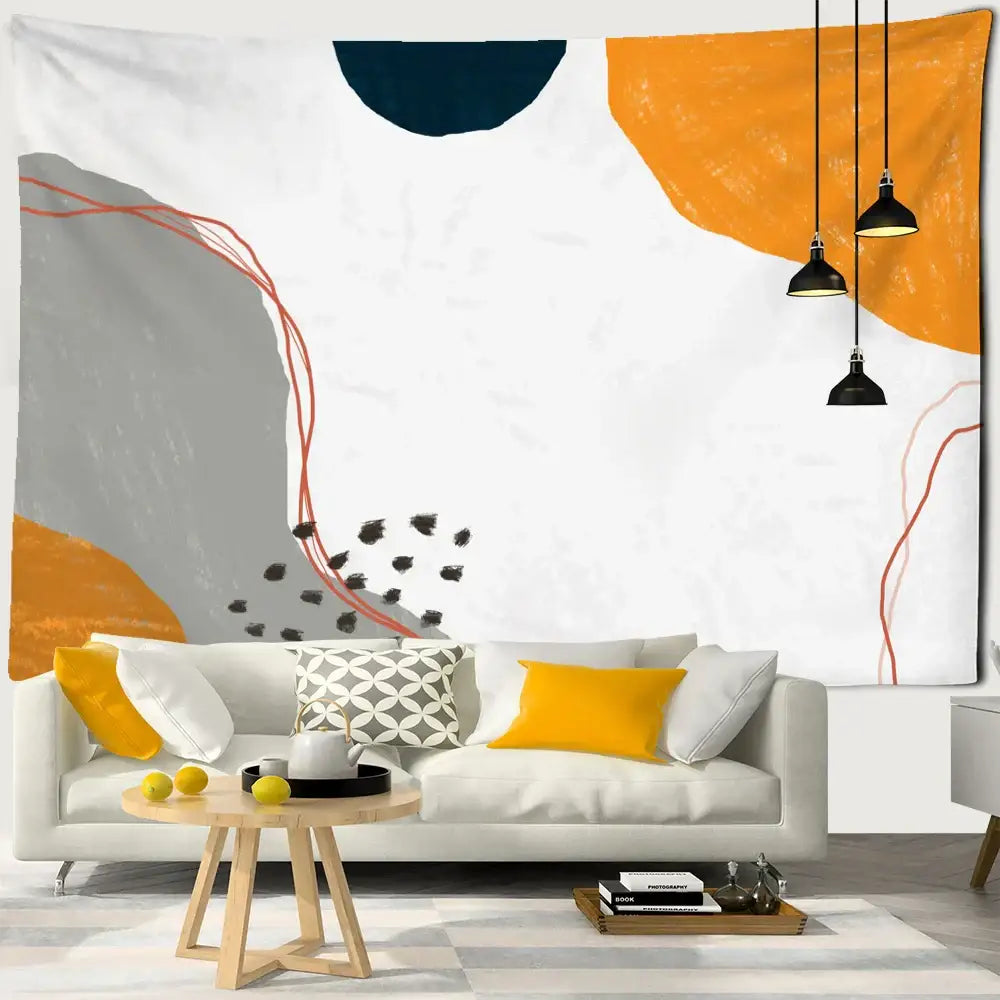 Abstract geometric orange and navy pattern tapestry wall hanging with bold shapes and black brushstroke decorbites 3d pattern