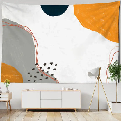 Abstract geometric orange and navy pattern tapestry wall hanging with bold shapes on textured white background decorbites 3d pattern