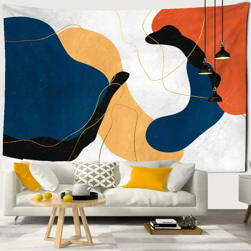 Abstract geometric orange and navy pattern tapestry wall hanging with bold blue and black shapes and gold lines on textured white decorbites 3d pattern