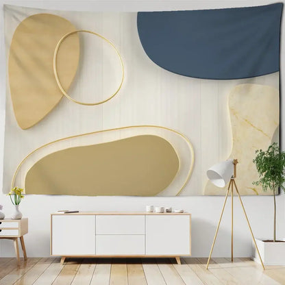 Modern abstract pattern tapestry wall hanging with layered gold and navy blue geometric shapes and subtle marble texture