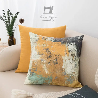 Abstract geometric print pillow cover with distressed mustard yellow gray and teal design for decorbites living room decor