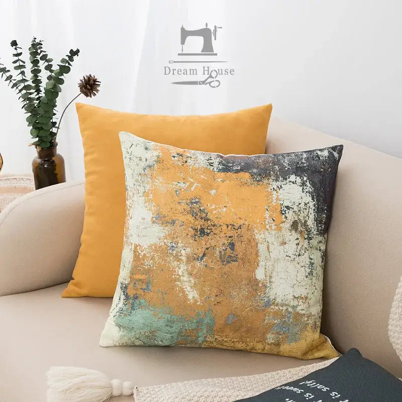 Abstract geometric print pillow cover with distressed mustard yellow gray and teal design for decorbites living room decor