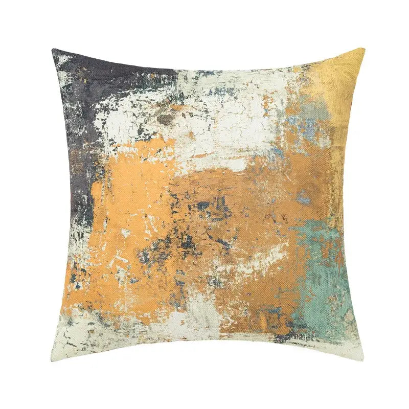 Square pillow cover with decorbites abstract geometric print in earthy orange gray white and teal for living room decor