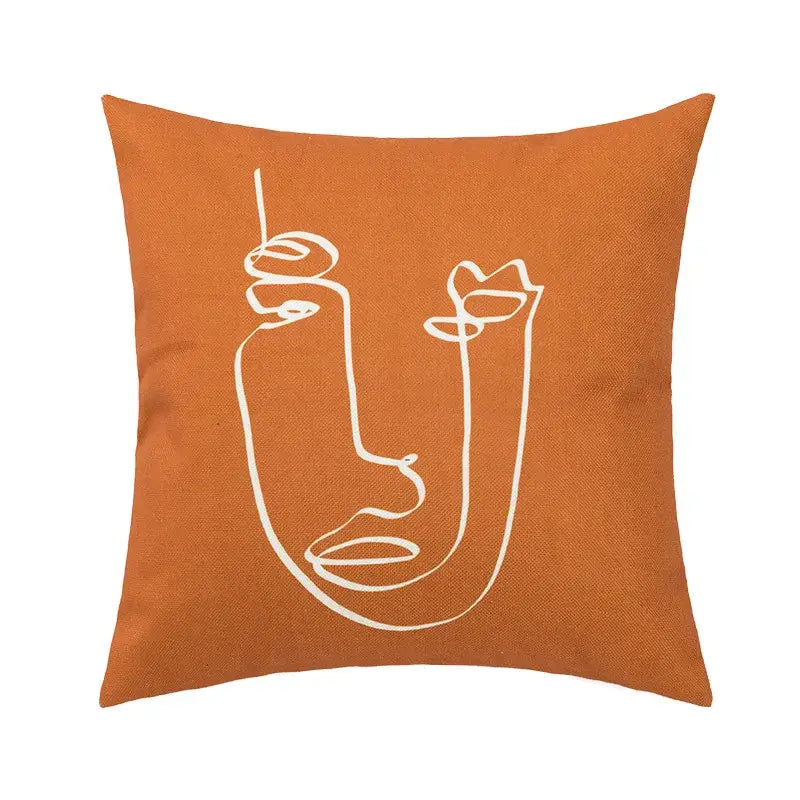 Orange square pillow cover with white minimalist face line drawing decorbites abstract geometric print for living room decor