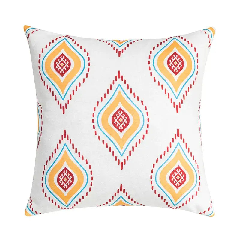 White throw pillow with vibrant yellow red and teal diamond pattern decorbites abstract geometric printed cushion cover