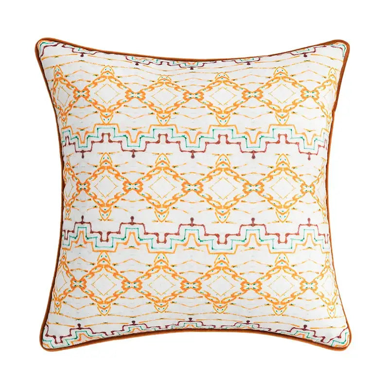 Square cushion cover with abstract geometric printed orange and blue threadwork and brown trim for living room decorbites decor