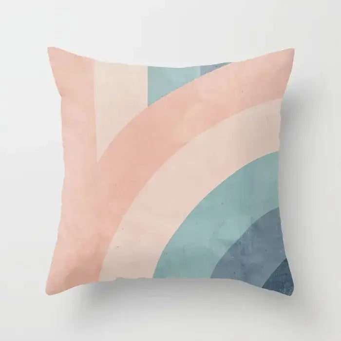 Pastel rainbow-patterned pillow cover with decorbites geometric stitch print in soft peach cream and muted blue tones for living room decor
